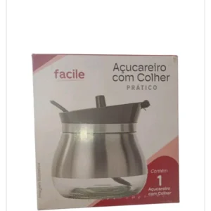 Açucareiro Com Colher Vidro e Inox