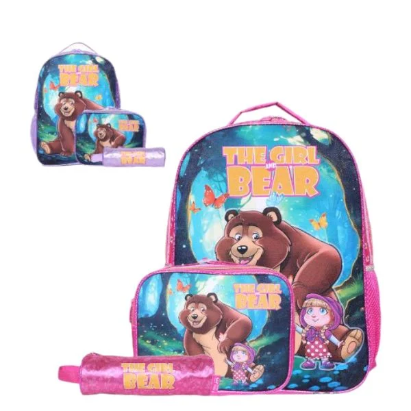 Kit Mochila + Lancheira + Estojo The Girl and Bear