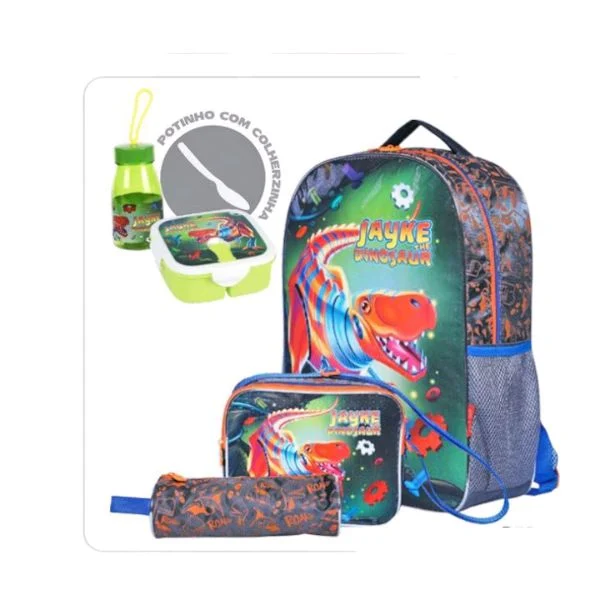 Kit Mochila + Lancheira (garrafa e pote)+ Estojo Jayke the Dinossaur
